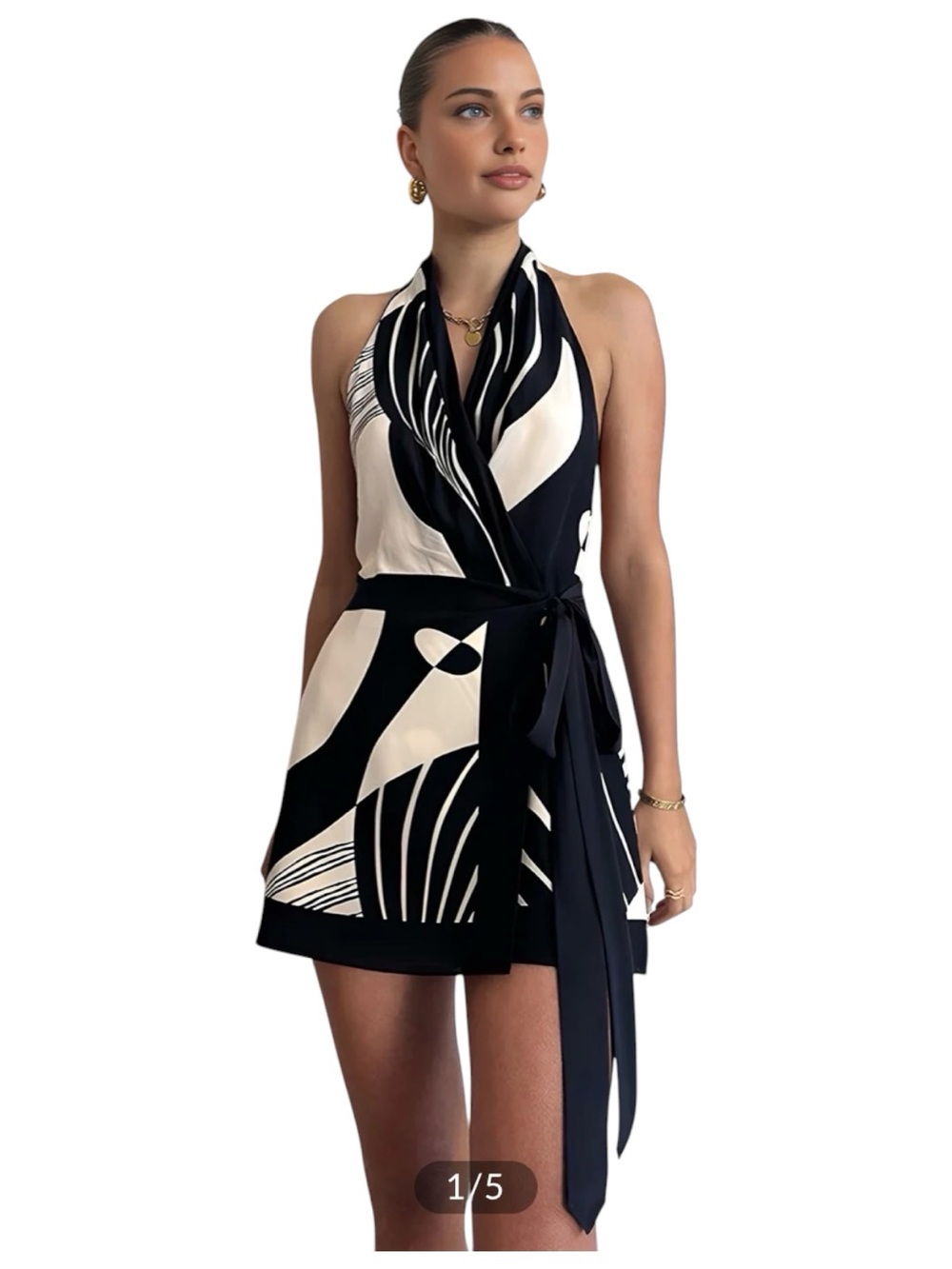 COMMENSE Print Halter Belted Mini Dress